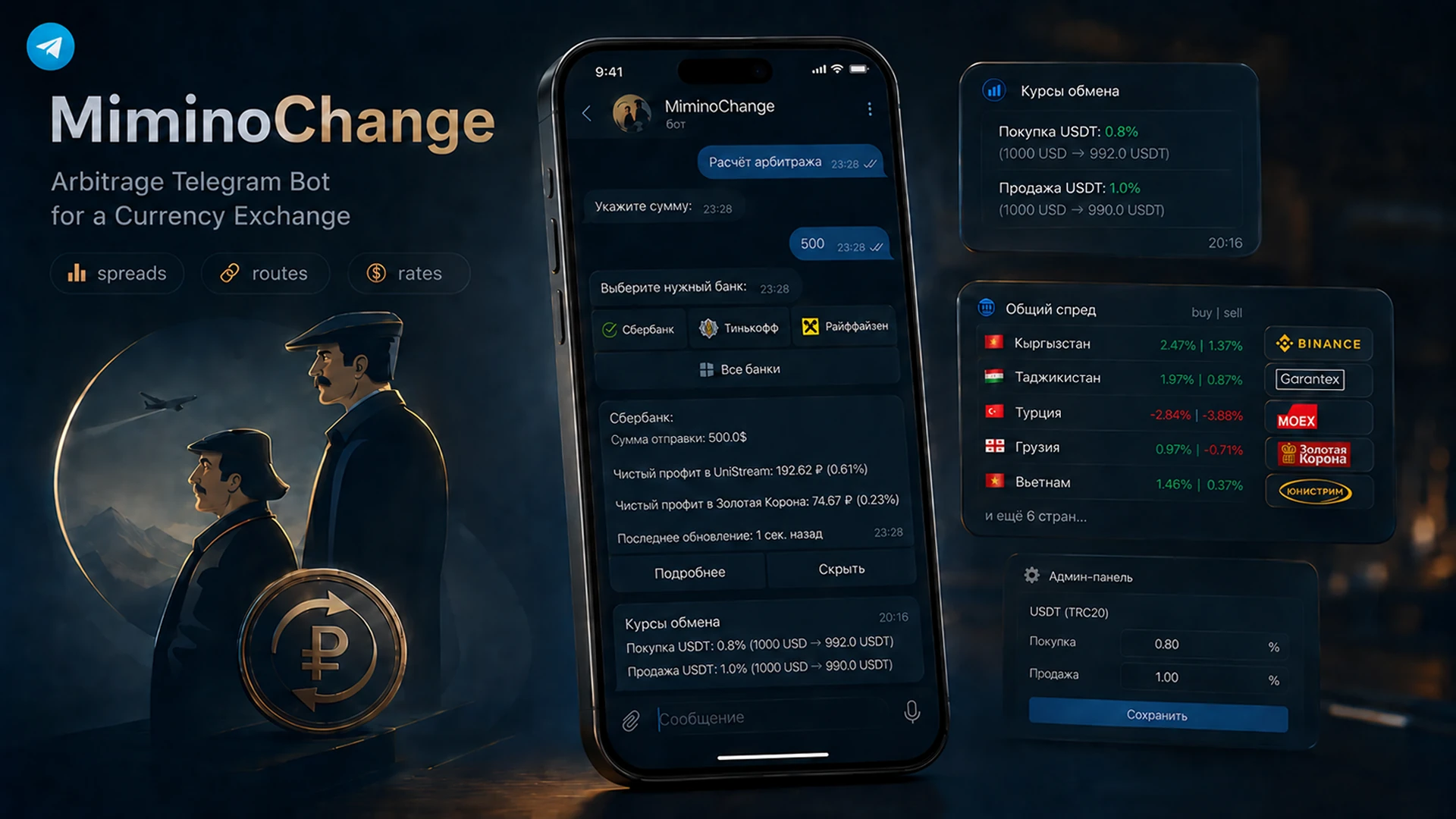 MiminoChange-ի պաստառ՝ արբիտրաժի հաշվարկ բոտում, ընդհանուր սպրեդ ըստ երկրների և փոխարժեքներ