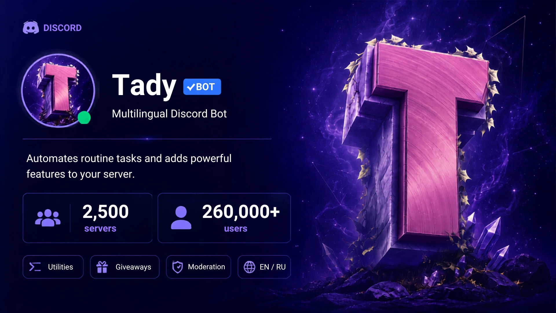 Tady-ի պաստառը՝ բազմալեզու Discord-բոտ՝ գործիքներ, խաղարկություններ, մոդերացիա